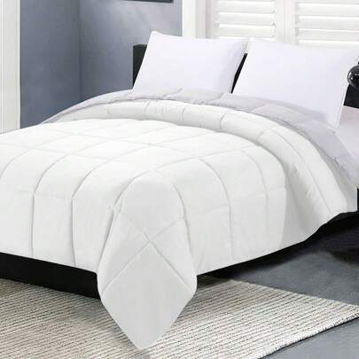1pc White & Light Gray Quilted Comforter, Reversible, Grid Stitching, Warm & Soft, Fluffy, Suitable For Winter, Down Alternative, Machine Washable, Oeko-Tex Certified