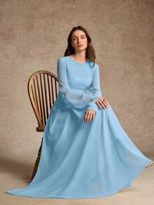 Women's Elegant Ruffle Trim Tie-Waist Flare Sleeve Dress, Spring/Summer - Baby Blue - View 6