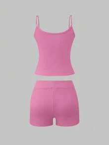 AiTyi 女式两件套，休闲时尚性感舒适运动装，适合日常穿着、毕业典礼、返校，多功能吊带背心和短裤套装 - 粉色 - 查看 8