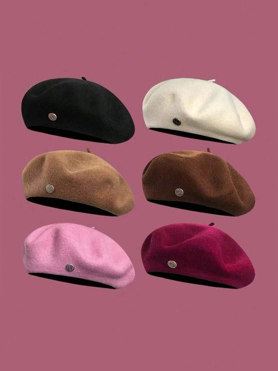 1件韩版ins百搭贝雷帽复古柔软透气弹力八角贝雷帽轻便女士帽子秋冬文艺画家帽纯色粗花呢花蕾帽女