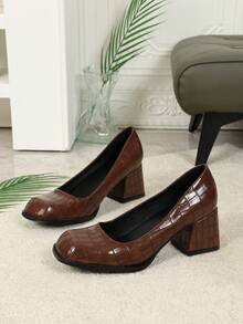 Giày Mary Jane cổ điển kiểu Pháp, Giày cao gót nữ mới về, Giày da cỡ lớn phiên bản Hàn Quốc, Mùa thu, Giày cao gót đế vuông thanh lịch màu trơn, mũi giày dày - màu nâu - Xem 5