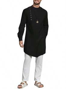 Mens Long Sleeve Robe Gown Casual Cotton Linen Button Muslim Shirt - Negro - Ver 4