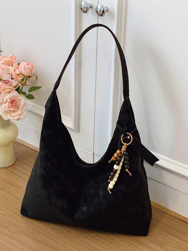 Matte PU Leather Large Capacity Tote Bag, Minimalist Casual Shoulder Bag Suitable For Women, Daily Commute, School, Comes With Pendant