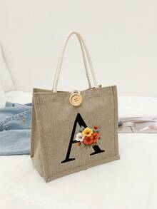 Bolso de tela con estampado de letras, bolso de tela estampado, bolso con decoración de botones, bolso grande de capacidad minimalista, bolso de tela casual y portátil de gran capacidad, bolso de compras multifuncional, nuevo diseño, gran capacidad, compañero de compras, bolso de hombro, bolso de tela, bolsa de almuerzo, lonchera, bolso cruzado, para mujer, uso diario, cita - Multicolor - Ver 10