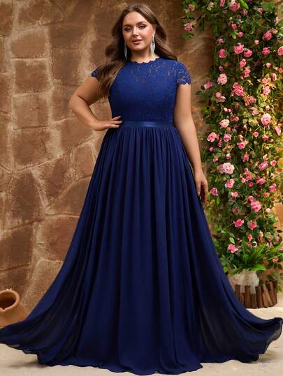 Women's Elegant Formal Lace Patchwork Embroidered Zipper Chiffon Dress, Suitable For Formal Events, Bridesmaid, Wedding Guest, Prom, Birthday Party, Summer/Autumn/Spring