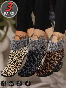 3/1 Pair Women Leopard Print Winter Floor Leg Warmers, Warm Thermal Lined Leg Warmers For Cold Weather, Suitable For Christmas Gifts, Indoor Slippers, Outdoor Sports, Daily Wear