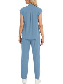2pcs Set: Allover Print Mandarin Collar Top And Drawstring Pants Loungewear Spring - Light Wash - View 3
