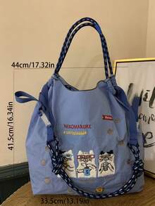 1pc New Casual Embroidered Lazy Cat Pattern Lightweight Nylon Large Capacity Shopping Tote Bag, Suitable For Commuting, Party, Shoulder & Crossbody - Multicolor - View 4