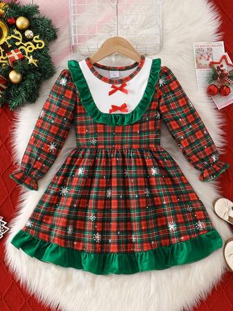 1 件女童休闲圣诞蝴蝶结、雪花和格子图案柔软针织长袖连衣裙，适合户外穿着，秋冬