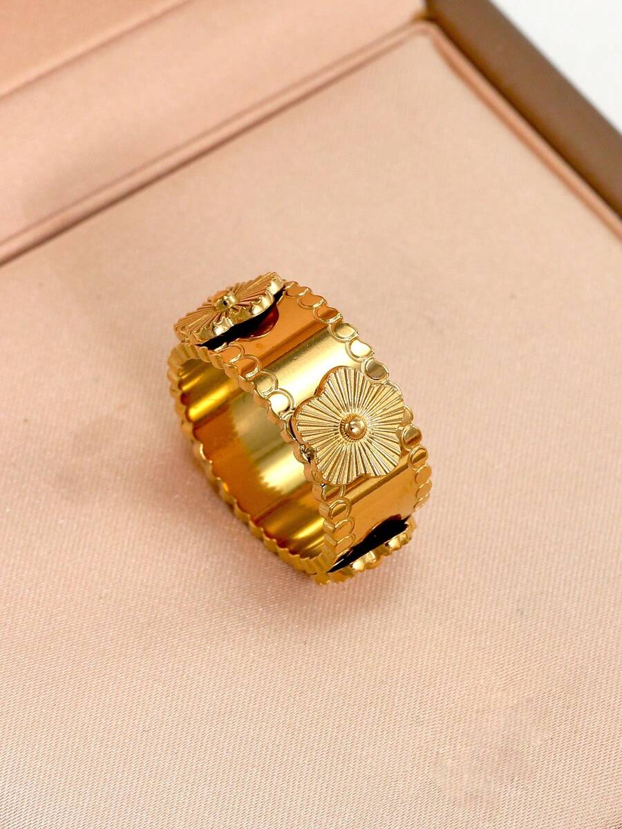 Cincin Bunga Stainless Steel Berlapis Emas 18K, Cocok untuk Pesta dan Pemakaian Sehari-hari Wanita, - Emas - View 1