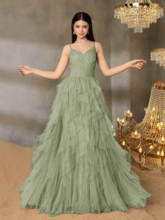 Alisa&Leo Elegant Thin-Strap Teen Formal Gown With Structured Bustier & Multi-Layer Tulle A-Line Skirt – Timeless Design For Prom, Graduation Ceremonies, Homecoming Dances, Gala Dinners, And Pageant Events