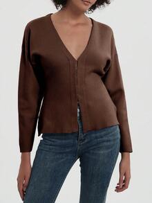 Cardigan casual lavorato a maglia in colore unito, ampio, da donna YROOE - Castano - Visualizzare 6