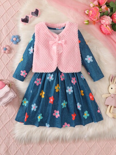 Vestido longo de manga comprida com estampa floral colorida e casual, fofo, para menina, combinado com casaco decorativo de pele com laço e estilo princesa, pequenas flores, conforto diário, passeio relaxante