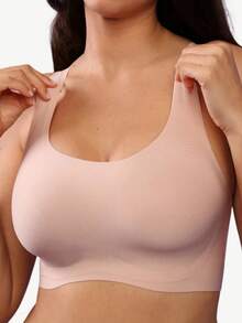 New Women Plain Color No Underwire Soft Wide Shoulder Straps Bras Full Coverage Everyday Bra Wireless - Beige - View 1