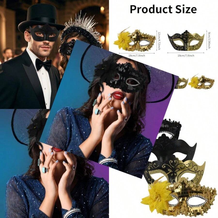 Masquerade Masks For Couple Couple Venetian Mask For Christmas Festival Costume Party Black Gold - như hình ảnh - Xem 1