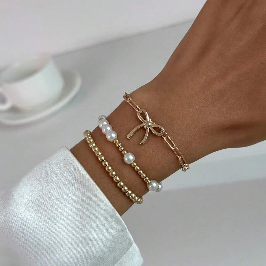 3 Stücke modische, süße Ins-Stil Schleifenarmband, elegantes Herz & Stern Perlen Mehrschichtiges Armband Set