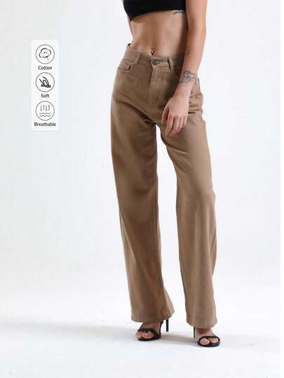 Damen Leinen Hosen mit hoher Taille und weitem Bein, einfarbig, Lässig mit Knopf, Reißverschluss und Taschen