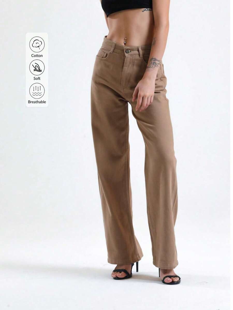 Damen Leinen Hosen mit hoher Taille und weitem Bein, einfarbig, Lässig mit Knopf, Reißverschluss und Taschen