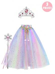 3 Peças Conjunto de Fantasia de Princesa, Varinha Mágica e Capa, Adequado para Meninas Pequenas se Fantasiarem, Jogos de Fantasia, Acessórios para Festas de Interpretação de Papéis em Feriados, É uma Escolha Ideal para Dar de Presente a Meninas