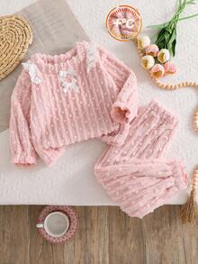 2 件/套时尚、甜美、可爱的毛绒保暖女童家居服，蝴蝶结和方领设计上衣搭配松紧脚踝袖口，非常适合秋冬季居家日常穿着，也适合作为送给年轻女孩的温暖礼物 - 淺粉色 - 查看 2