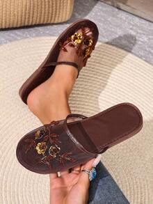 2025 New Handmade Beaded Fine Mesh Slip-On Slippers, Suitable For Indoor And Outdoor Wear - Brown - View 2