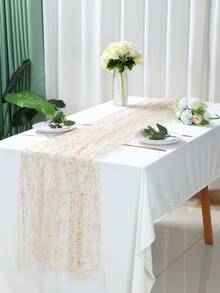 1 Pieza Camino de mesa dorado con brillo, Cubierta de mesa plisada, Mantel de tela de gasa de poliéster elegante, Decoraciones de mesa de fiesta doradas, Estilo bohemio brillante y romántico, Accesorios de boda, Regalos de ducha nupcial, Decoraciones de cumpleaños, Decoraciones de fiesta, Decoración de aniversario, Decoración de banquete de compromiso, Decoración del hogar, Decoración de mesa, Decoración de superficie de mesa