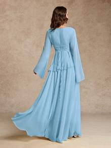 Women's Elegant Ruffle Trim Tie-Waist Flare Sleeve Dress, Spring/Summer - Baby Blue - View 3