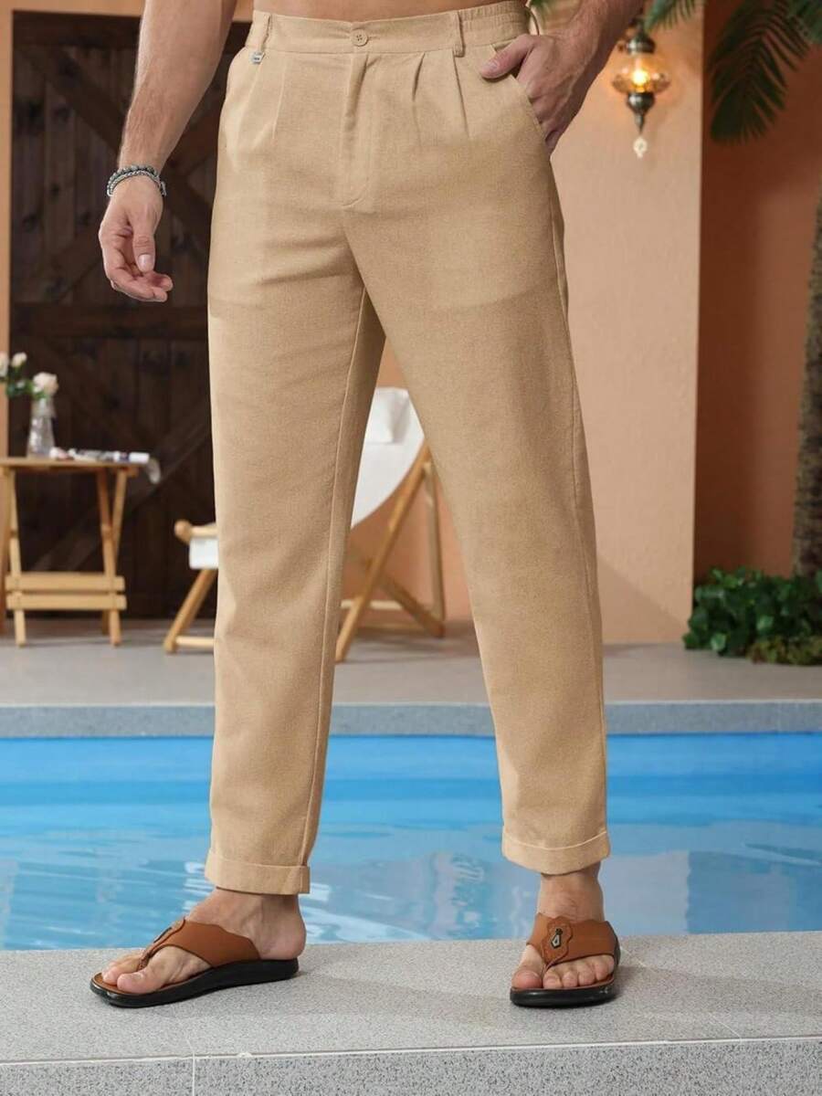 Runcati Mens Linen Pants Casual Elastic Waist Trousers Summer Beach Lightweight Pants - 卡其色 - 查看 1