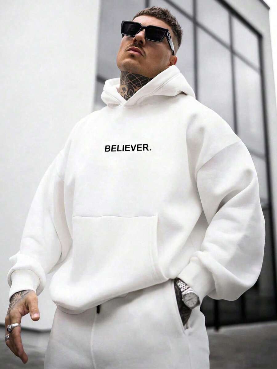Men's Letter Print Minimalist Hoodie - White - View 1