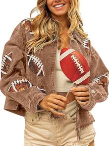Women's Cropped Corduroy Jacket Football Sequin Patched Short Button Raw Hem Jacket Coat - màu nâu - Xem 1