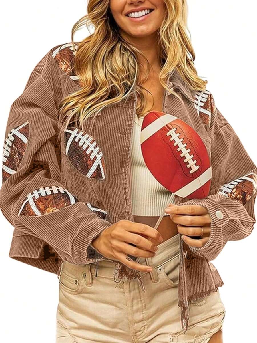 Women's Cropped Corduroy Jacket Football Sequin Patched Short Button Raw Hem Jacket Coat - màu nâu - Xem 1