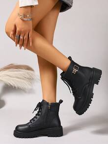 2026 Herbst/Winter Neue Damenschuhe, Warme Winterstiefel, modische vielseitige Lässig Damenschuhe, Leder Knöchelstiefel, Schwarz & Weiß Kurzstiefel mit Schnürung & Seitlichem Reißverschluss, Flache Damenstiefel, Damen Knöchel- und Kurzstiefel, Modische Damenstiefel