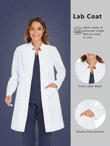 Front Button Long Sleeve Long Lab Coat/ Uniform Jacket With Pockets