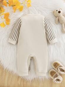 1 Stück Baby Jungen Kapuzen-Halbreißverschluss Kontrast-Farbblock Patchwork 3D Bären-Ohren & Buchstaben-Muster Langarm-Romper, Herbst/Winter