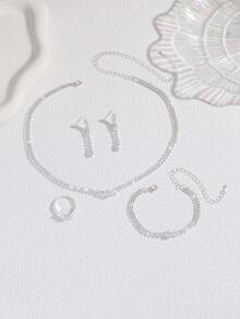 1 套方晶锆石首饰套装，包括耳环、项链、手链、戒指、4 件女士宝石配饰，适合派对、庆典、晚会、生日礼物 - 銀色 - 查看 5