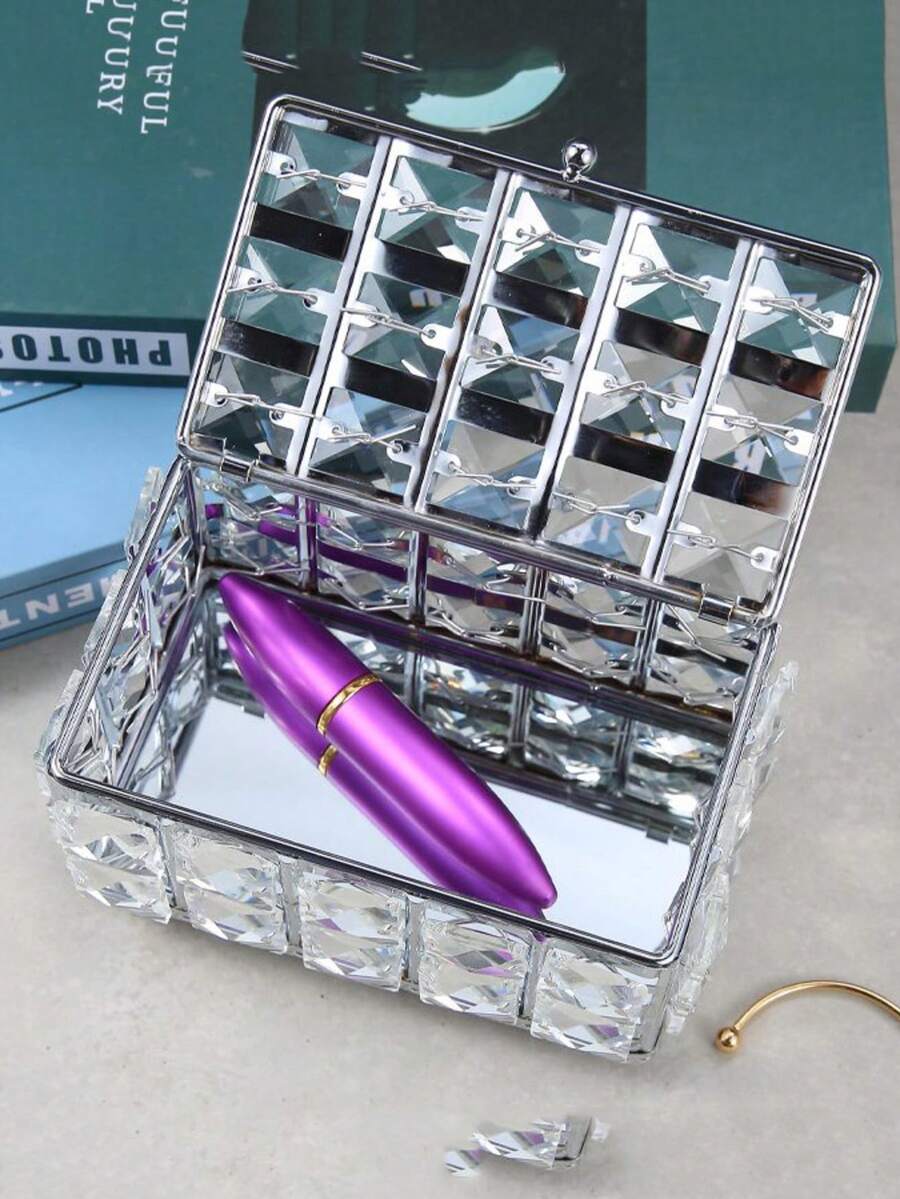 1pc Elegant Crystal Mirrored Vanity Organizer Box, Luxurious Glass Display Case For Jewelry, Rings, Necklaces, Bracelets, Earrings, And Lipsticks. A Chic & Premium Gift For Her, Perfect For Holiday Gifting, Valentine's Day, Birthdays, Or Anniversaries. Stylish Desktop Storage Solution For Dressing Tables & Bathroom Counters.