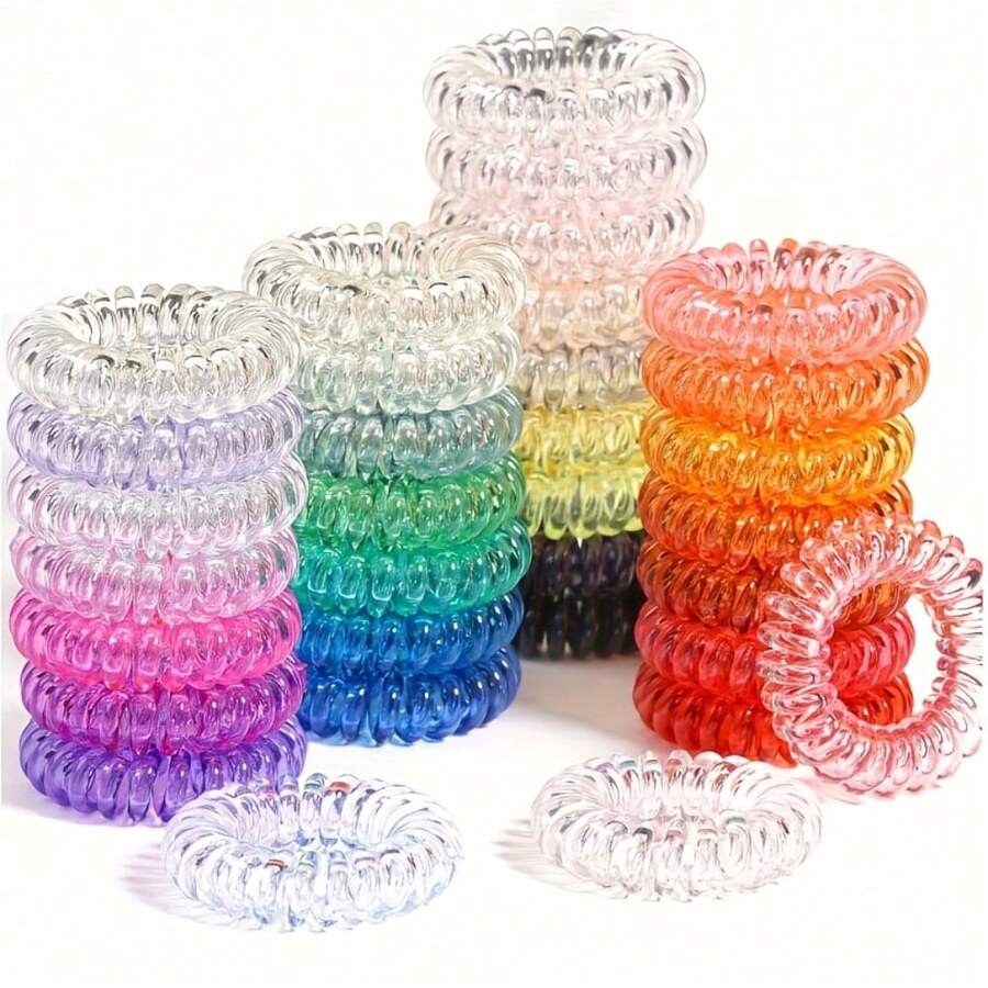50个糖果色迷你螺旋发圈/发带/发绳套装，高弹力不伤发，适合扎马尾辫，日常佩戴，春夏发绳套装，浴室配件，旅行必备，浴室装饰 - 彩色 - 查看 1