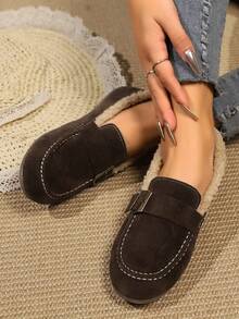 Women's -On Loafers With Thermal Lined, Metal Buckle Decor, Flat Casual Winter Moccasins
