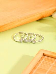 3 件套简约心形水钻可调节开口戒指套装，奢华可叠戴戒指 - 銀色 - 查看 5