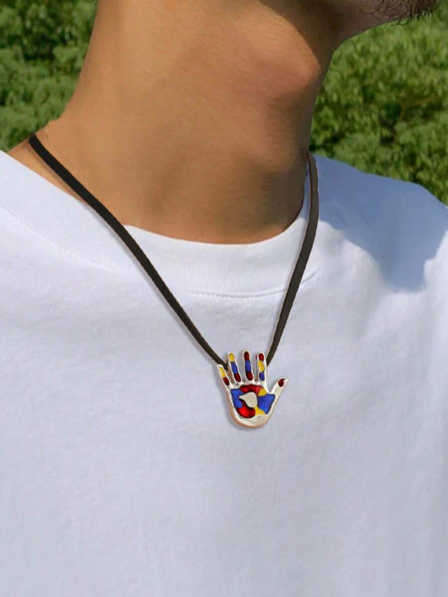 1pc Men's Minimalist Fashion Creative Hip-Hop Random Color Oil Drip Palm Pendant Necklace, Suitable For Casual Daily Wear