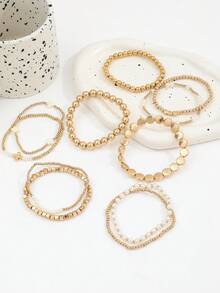 11pcs Versatile Handmade Faux Pearl Cross Beaded Elastic Bracelet, Multi-Element Star & Square CCB Bracelet Set For Women - Gold - View 4