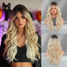 24 Inch Long Wavy Beige Blonde Highlight Wig With Curtain Bangs For Women Heat Resistant Fiber Hairpiece With Dark Roots,Natural Synthetic Full Machine Hair Wigs For Daily Music Festival Party Wear, Cosplay Halloween & Street Photography Use - 亞麻金 - 查看 10