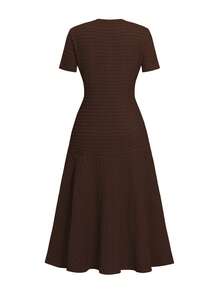 Unadoll 女士春季圆领短袖仿口袋纽扣装饰面料优雅教师套装，适合约会、郊游、生日、派对、旅行、情人节等场合。 - 棕色 - 查看 5