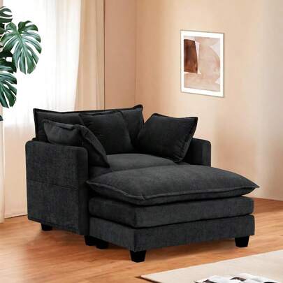 Oversized Accent Chairs With Ottoman Luxury Chenille Single Sofa Couch Upholstered Deep Seat Chaise Lounge With Pillows For Living Room Bedroom Apartment Black