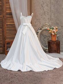 Váy satin trơn màu cho bé gái tuổi teen với họa tiết hoa 3D, váy dạ hội dài thướt tha thanh lịch phù hợp cho đám cưới, lễ tốt nghiệp, dạ hội, không kèm băng đô - trắng - Xem 3