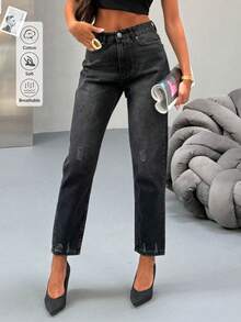 High Waist Knee Laser Ripped Boyfriend Mom Jeans, Solid Color Destroyed Asymmetrical Pockets - Black - View 2
