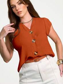 Women's Short Sleeve Shirt Blouse Duna Fabric With Button New 2025 European And American Style - 亮橙色 - 查看 4