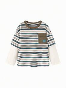 mini bala Boys Two-Layer Cotton Long Sleeve Tee Soft Breathable Stylish Casual Top - Coffee White Tone - View 4