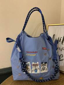 1pc New Casual Embroidered Lazy Cat Pattern Lightweight Nylon Large Capacity Shopping Tote Bag, Suitable For Commuting, Party, Shoulder & Crossbody - Multicolor - View 5