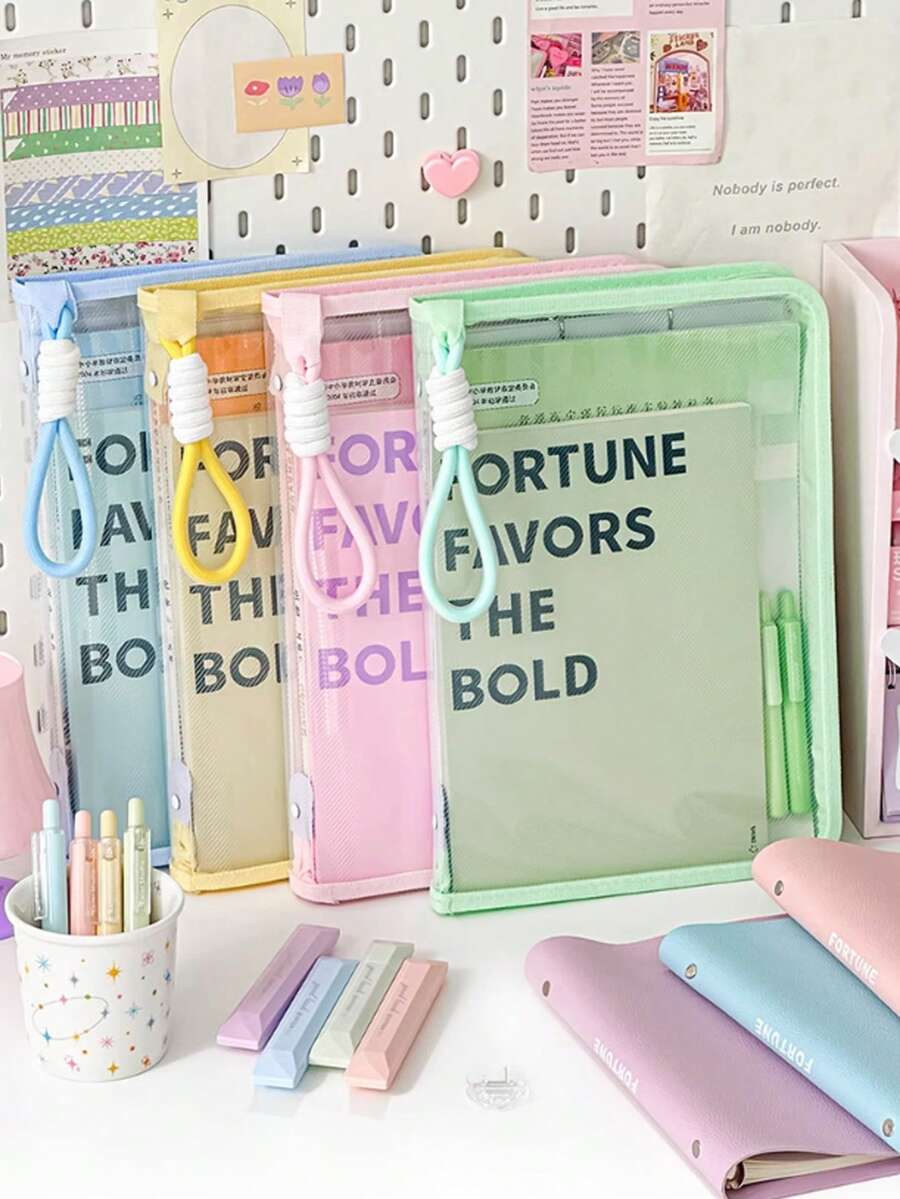 1 件马卡龙透明 A4 文件夹，大容量可容纳课本，拉链封口储物袋，学生手持加厚防水文件整理器，返校文具